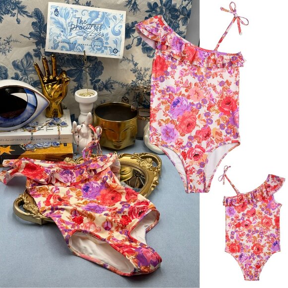 🆕 ZIMMERMANN KIDS 🧿 NWT Raie Frill 1 Shoulder 1PC, Red/Purple Floral - Sz 2 Y - Picture 1 of 11